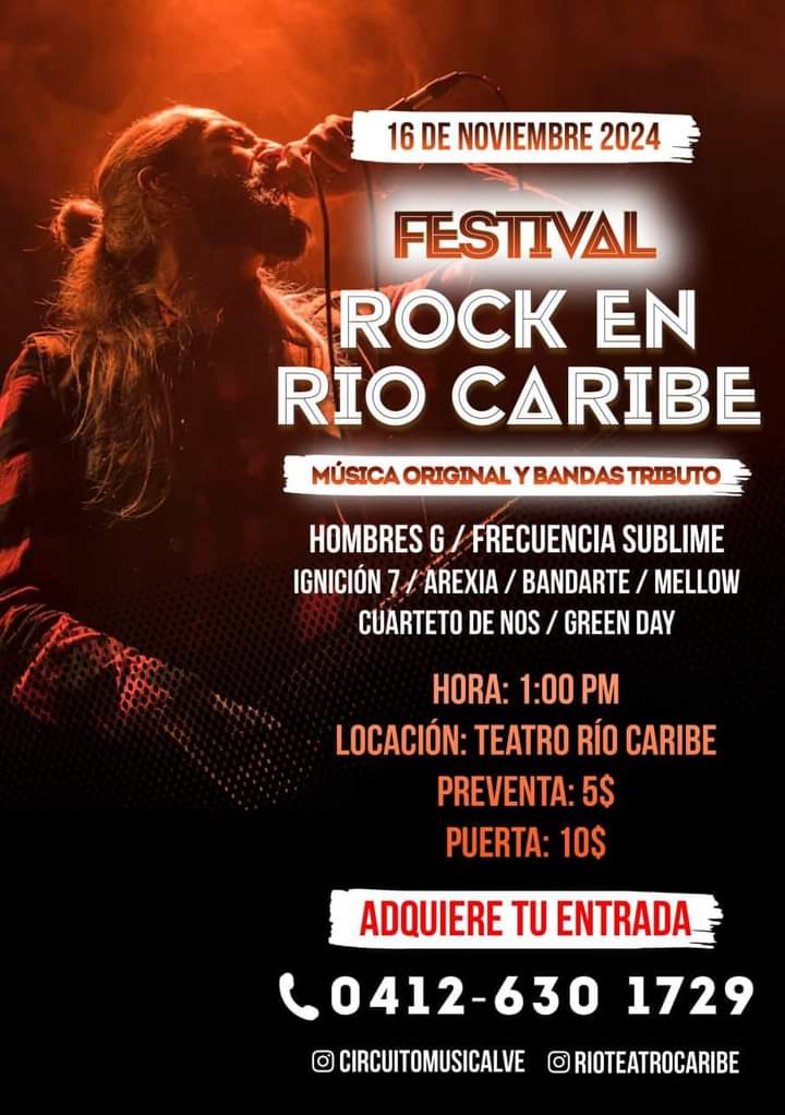 ¡Caracas, prepárate para el Festival Rock en Río Caribe 2024! 

Por primera vez en la ciudad, los mejores tributos y bandas originales se unen en un mismo escenario para un show inolvidable.

Sábado 9 de Noviembre 2024 | 1:00 PM | Teatro Río Caribe