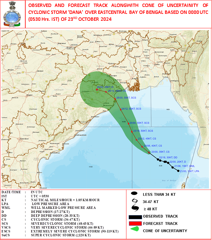 India Meteorological Department (@indiametdept) on Twitter photo Yesterday’s deep depression over Eastcentral Bay of Bengal moved west-northwestwards with a speed of 18 kmph during past 6 hours intensified into a cyclonic storm “DANA” (pronounced as Dana), and lay centred at 0530 hrs IST of today, the 23rd October, over the same region near Yesterday’s deep depression over Eastcentral Bay of Bengal moved west-northwestwards with a speed of 18 kmph during past 6 hours intensified into a cyclonic storm “DANA” (pronounced as Dana), and lay centred at 0530 hrs IST of today, the 23rd October, over the same region near