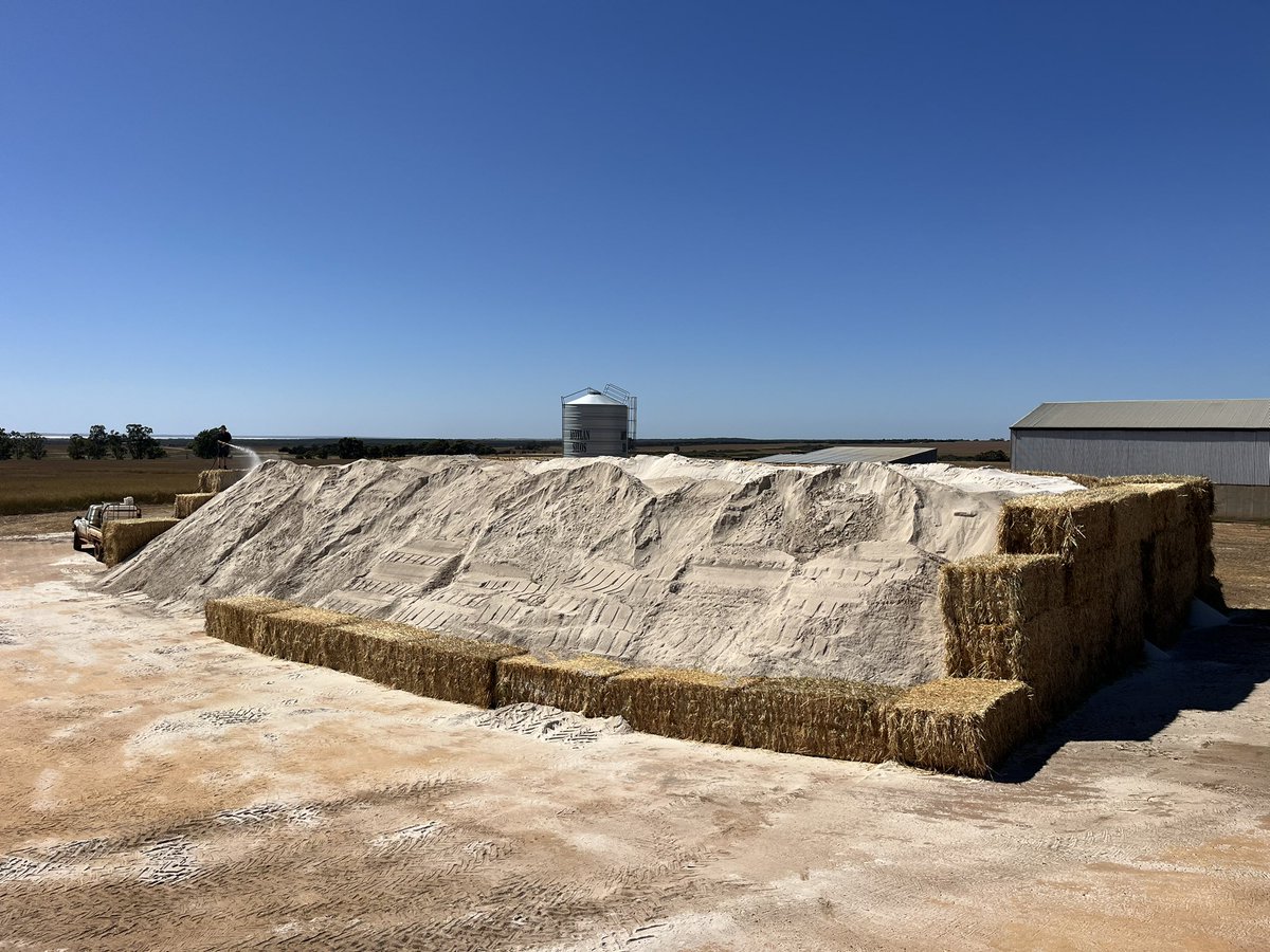 1500t of limesand ready to spread out behind the headers then rip it while it's still wet. 
96 bales and a shallow gravel pit. Sprayed with soa to stop it blowing.