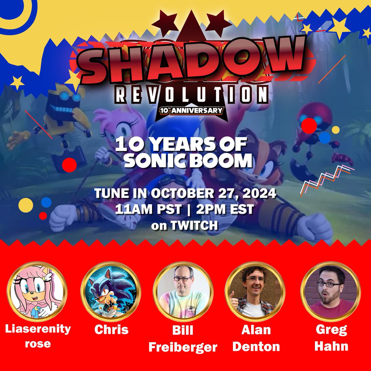 SonicRevolt's tweet photo. Today at 2PM ET on the Sonic Revolution 2024 Online Event Discord, tune in to 10 Years of Sonic Boom as well as the Q&A with @ProjectSNT & @CuteyTCat!

10 Years of Sonic Boom:
https://t.co/GYZR5TcP7f

Q&A with ProjectSNT & CuteyTCat:
https://t.co/0vADhmlMAO

Promo Images: @Liaserenityrose & @guardianprince3