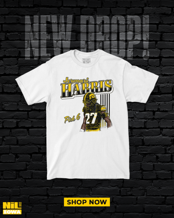Jermari Harris exclusive drop with a touch of history on the back. The back of the T-shirt includes how Jermari has become a part of pick 6 history! Check out the Iowa NIL store to see it all!!!