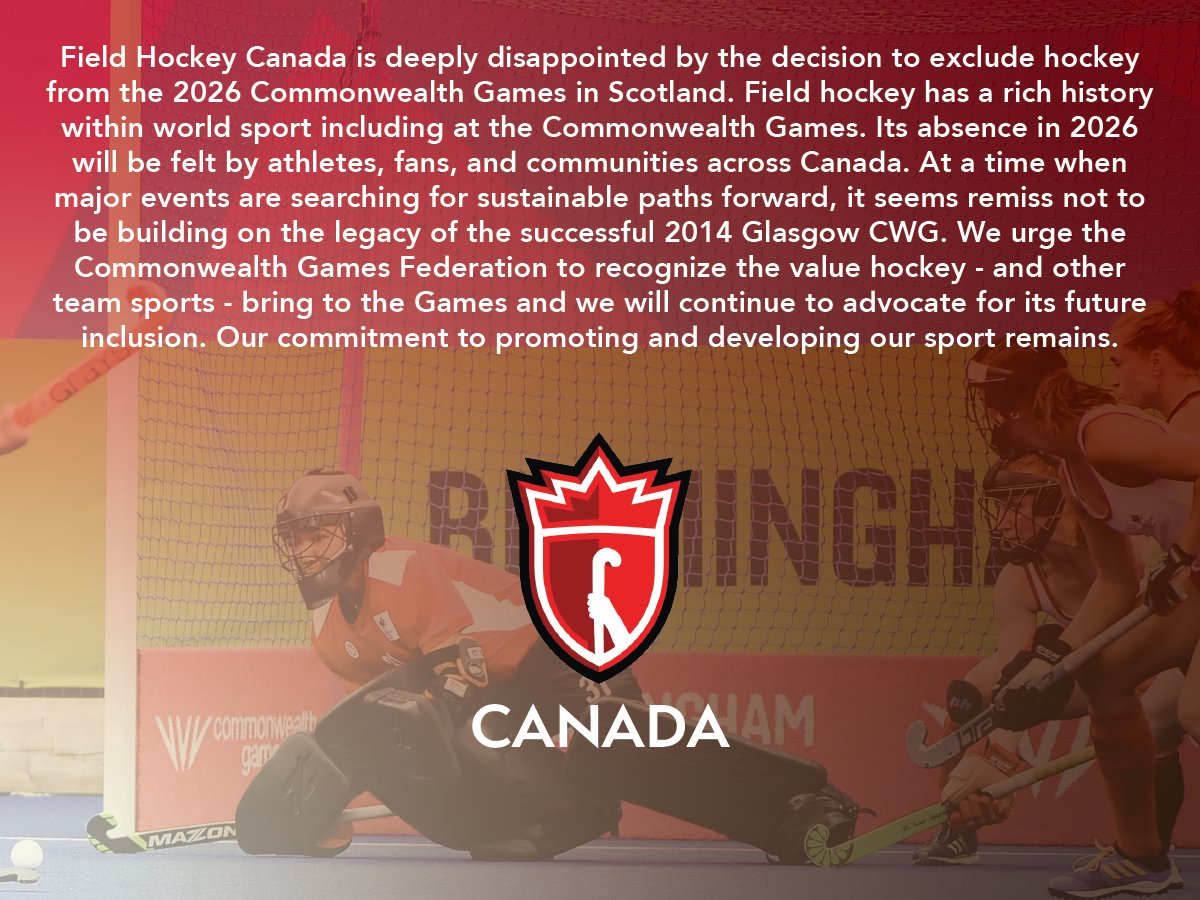 Field Hockey Canada (@fieldhockeycan) on Twitter photo Field Hockey Canada responds to the Glasgow 2026 Commonwealth Games announcement to exclude hockey, among other major team sports.
#FHCTeamofTeams #GrowHockey
<a href="/FIH_Hockey/">International Hockey Federation</a> <a href="/CwthSportCAN/">Commonwealth Sport Canada</a> Field Hockey Canada responds to the Glasgow 2026 Commonwealth Games announcement to exclude hockey, among other major team sports.
#FHCTeamofTeams #GrowHockey
<a href="/FIH_Hockey/">International Hockey Federation</a> <a href="/CwthSportCAN/">Commonwealth Sport Canada</a>