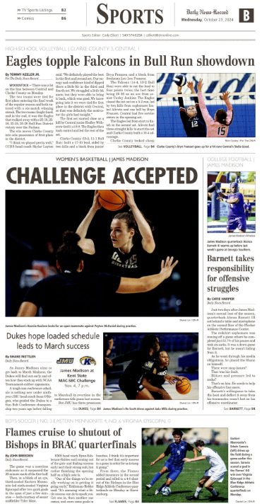 VTCody's tweet photo. Daily News-Record Sports (10/23/24):
-#JMU WBB ready for difficult slate
-Clarke downs Central in BRD battle
-EMS boys soccer wins BRAC QF
-Barnett III take blame for O struggles
-Plenty of #ODAC, #SBC honors
-Athlete Spotlight: Ella Shreckhise
-#Fast30 https://t.co/FL8bXJuzBs