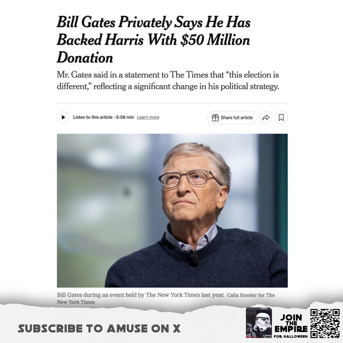 amuse's tweet photo. ELECTION: The media has been freaking out about Elon Musk's financial support of the Trump campaign. Will they express similar outrage that Bill Gates is backing Kamala Harris to the tune of $50 million? Presumably he has an interest in not having the Epstein customer list made public. 

h/t @amitisinvesting