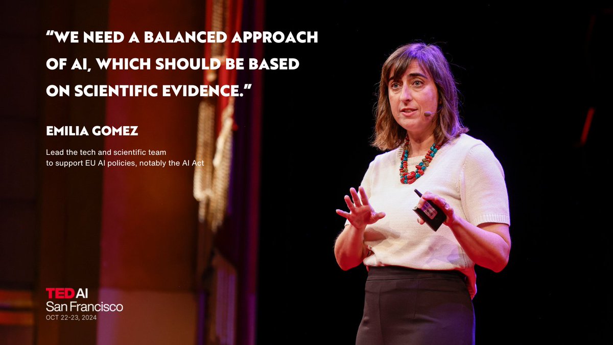 <a href="/emiliagogu/">Emilia Gomez</a>, Lead of Tech and Scientific Support for EU AI Policies (AI Act) sharing her vision at #TEDAI 2024!

"We need a balanced approach to AI, which should be based on scientific evidence."
<a href="/EU_ScienceHub/">EU_ScienceHub</a>
#TEDAI #TEDAI2024 #AI #AIGovernance