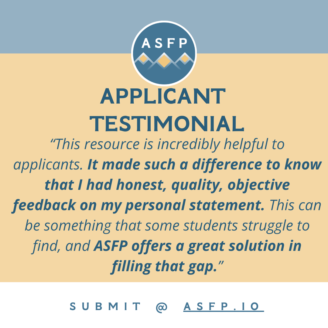 Read what past applicants have to say about getting statement feedback from ASFP in this week's #TestimonialTuesday! 

Get notified when applicant portal opens using this Applicant Interest Email List: asfp.io/applicants/ema…
