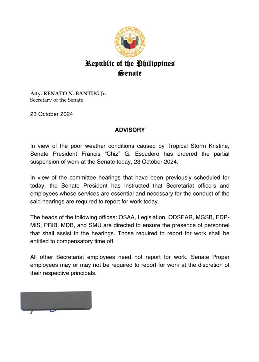 BASAHIN: Senado, nagpatupad ng partial suspension sa pasok ng mga kawani sa gitna ng pananalasa ng Tropical Storm Kristine. Ibig sabihin, ang mga senate staff na may hearing ang komite ngayong araw ay tuloy pa rin. <a href="/DZXL_News/">DZXL News</a>