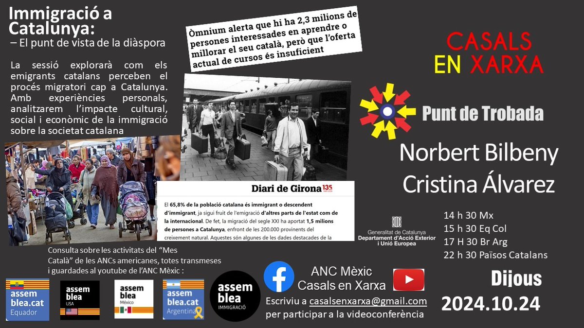 Xerrada amb la Cristina Álvarez i el Norbert Bilbeny sobre la inmigració a Catalunya amb experiències d’inmigrats
<a href="/casalsenxarxa/">Casals en Xarxa</a>
<a href="/ImmixIndependnc/">ImmixIndependència</a>
<a href="/catalanassembly/">Catalan Assembly | Assemblees Exteriors ANC II★II</a>
<a href="/assemblea_int/">Assemblea International</a>
<a href="/assemblea/">Assemblea Nacional Catalana</a>
<a href="/ANC_Equador/">ANC Equador II★II 🇪🇨</a>
<a href="/AncArgentina/">ANC Argentina</a>
<a href="/ANC_USA/">🎗️ ANC USA 🎗️</a>

youtube.com/live/RepPeKRLZ…
