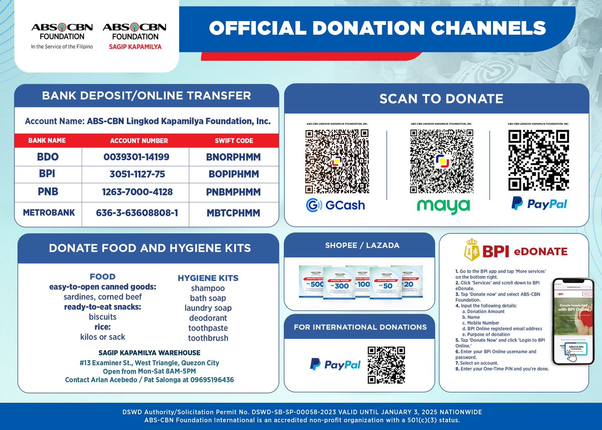 1) Bank Deposit
2) Scan to Donate (GCash &amp; Maya: scan thru app. Paypal: scan thru any QR reader)
3) Donation Vouchers (Shopee &amp; Lazada)
4) Donate through BPI eDonate
5) Paypal QR Code para sa International Donations
6) In-Kind Food Donations, at
7) In-Kind Personal Kit Donations