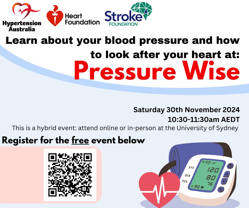 Hypertension Australia (@hypertensionaus) on Twitter photo Join us for Pressure Wise: a FREE community event on blood pressure and heart health! Did you know 1 in 3 Aussie adults have high blood pressure? Learn how to lower it and boost your heart health. Don’t miss out! #PressureWise <a href="/heartfoundation/">Heart Foundation</a> <a href="/strokefdn/">Stroke Foundation</a>
tinyurl.com/45pvewsw Join us for Pressure Wise: a FREE community event on blood pressure and heart health! Did you know 1 in 3 Aussie adults have high blood pressure? Learn how to lower it and boost your heart health. Don’t miss out! #PressureWise <a href="/heartfoundation/">Heart Foundation</a> <a href="/strokefdn/">Stroke Foundation</a>
tinyurl.com/45pvewsw