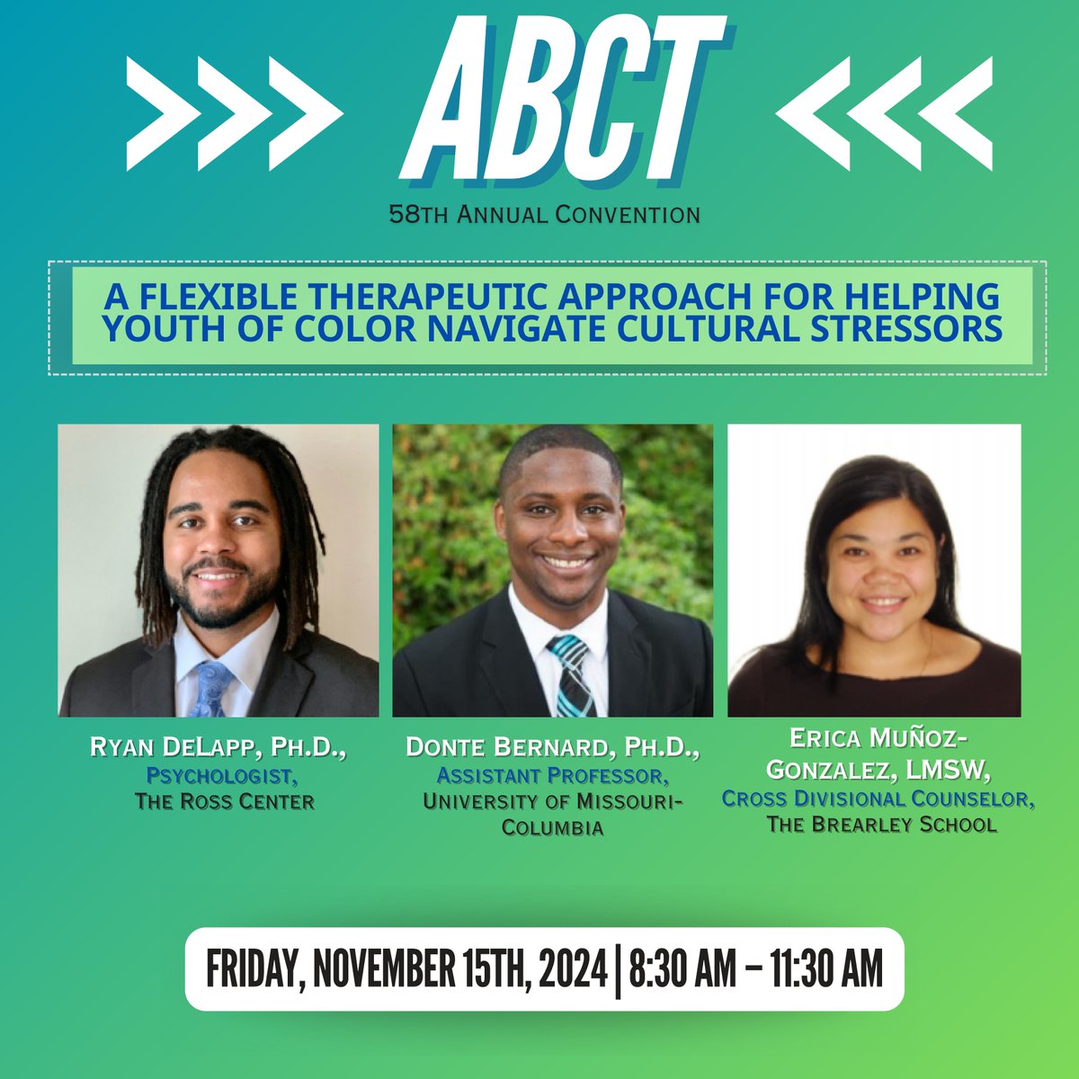 Donte Bernard, PhD (@donte_bernard) on Twitter photo Tweeps! Are you attending the ABCT conference in Philly?
<a href="/DrDelappPhD/">Dr. Ryan DeLapp</a>, Erica MuƱoz-Gonzalez, and I are sharing how weāve worked together to promote cultural healing in schools.
Come join us on Friday, 11/15 to learn more!
Register here: tinyurl.com/4kftsn8j Tweeps! Are you attending the ABCT conference in Philly?
<a href="/DrDelappPhD/">Dr. Ryan DeLapp</a>, Erica MuƱoz-Gonzalez, and I are sharing how weāve worked together to promote cultural healing in schools.
Come join us on Friday, 11/15 to learn more!
Register here: tinyurl.com/4kftsn8j
