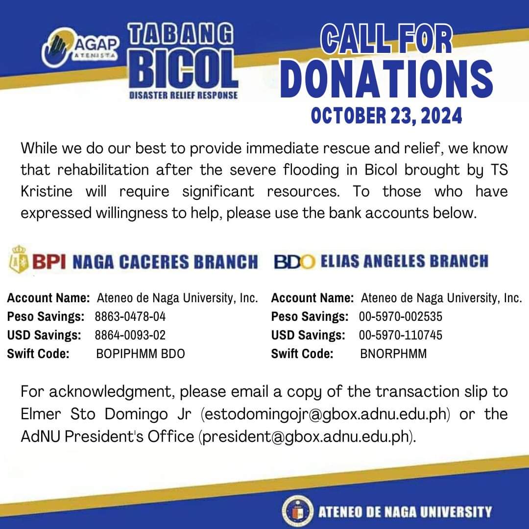 Hello, everyone! Kaipuhan pong maray nin tabang ang Bicol. If you want to donate(may it be big or small) you can donate through these channels. Dios Mabalos po sa indong gabos. Patuloy po kitang magpangadyi na maghuraw na ang uran. Stay safe sa gabos!
#KristinePH #RPmtwt