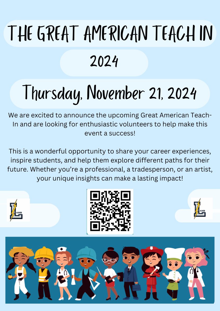 📢 Calling All Volunteers! 🌟
Be part of something meaningful! Use the link below to sign up and make a difference in our students' lives: forms.office.com/r/hRMd4pA4cK.  🙌🏾  
#GreatAmericanTeachIn #CommunityHeroes #InspireTheFuture