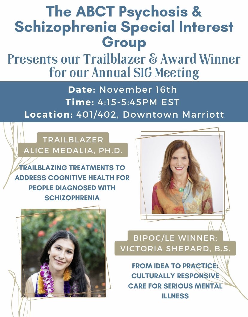 While we are pulling together our SIG events calendar for #ABCT2024 (coming soon!), please hold November 16th from 4:15-5:45 PM for our annual SIG meeting in Philly! 

We are so excited for this year’s Trailblazer, Dr. Alice Medalia, and our BIPOC/LE winner, Victoria Shepard! 🎉
