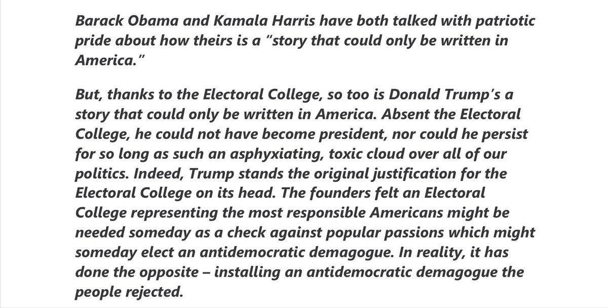 As added context to this <a href="/Mike_Podhorzer/">Michael Podhorzer</a> opinion piece on the #USA antiquated #electoralcollege, on the <a href="/realDonaldTrump/">Donald J. Trump</a> <a href="/GOP/">GOP</a> cult right, we hear: “we’re not a #democracy, but a constitutional republic” &amp; warnings against majoritarianism, “tyranny”. Chances of reform? Near zero.