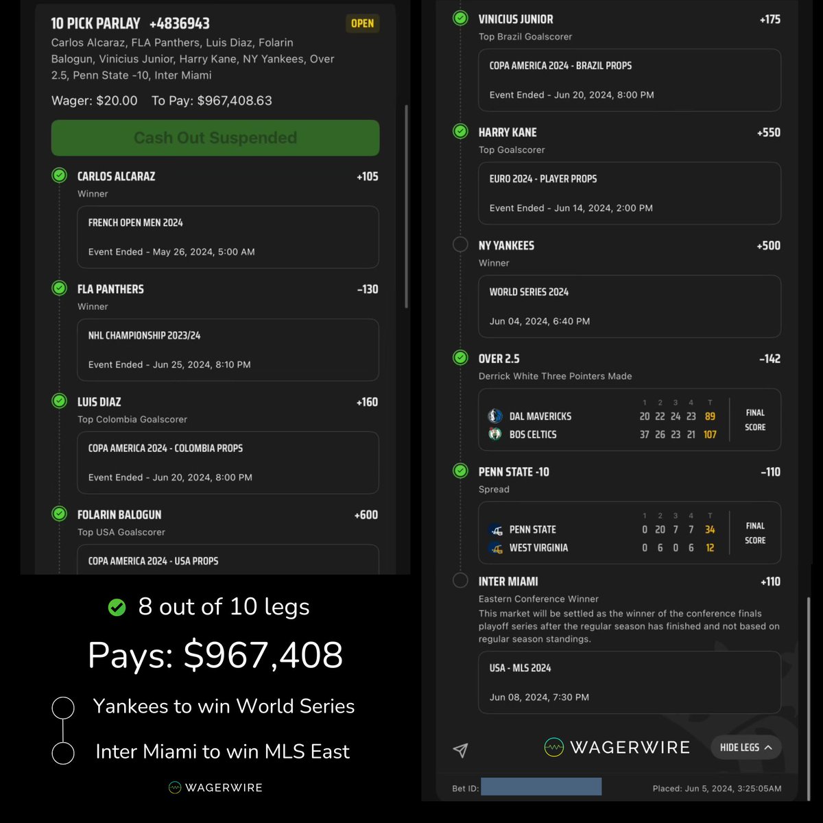 WagerWire's tweet image. BET FOR SALE: Crazy DK parlay on @WagerWire could turn $20 into ~$1 MILLION!! Only Yankees WS Champ and Inter Miami MLS Conf Champ legs remain. Cash Out is suspended. If you're him, what price would you SELL this for? via: 🥷 | @DKSportsbook