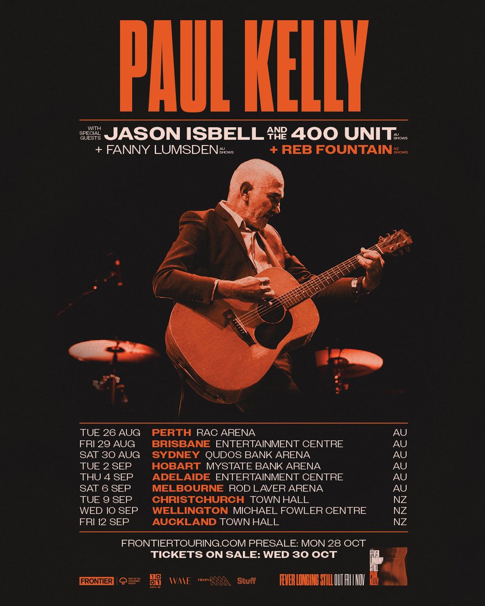 Paul Kelly (@paulkelly) on Twitter photo The band and I are packing our swag of songs, old and new, to bring to you in 2025. Joining the tour is Jason Isbell and the 400 Unit, <a href="/fannylumsden/">Fanny Lumsden</a>, and <a href="/rebfountain/">Reb Fountain</a> (NZ). PK.
Tickets here: paulkelly.lnk.to/PKTOUR25 The band and I are packing our swag of songs, old and new, to bring to you in 2025. Joining the tour is Jason Isbell and the 400 Unit, <a href="/fannylumsden/">Fanny Lumsden</a>, and <a href="/rebfountain/">Reb Fountain</a> (NZ). PK.
Tickets here: paulkelly.lnk.to/PKTOUR25