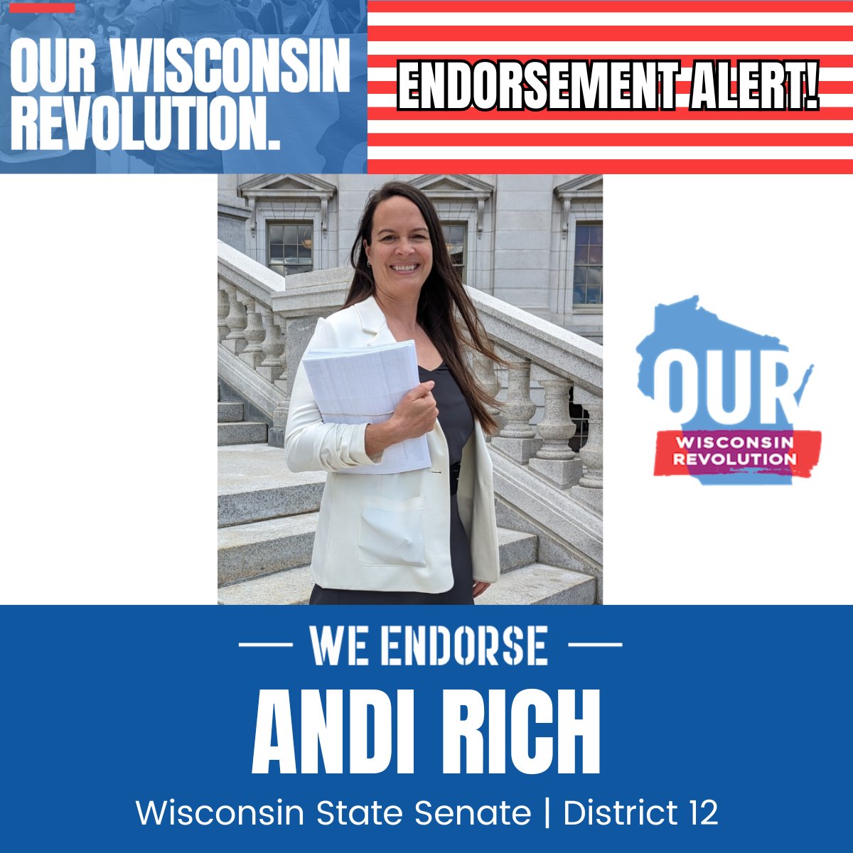 AndiRichWI's tweet image. Honored to receive an endorsement from @OurWisconsinRev. Our Wisconsin Revolution promotes healthcare reform, environmental justice, and economic equality. Together, we&apos;ll make WI a better place for all. Thank you for your trust! 
#AndiForWI