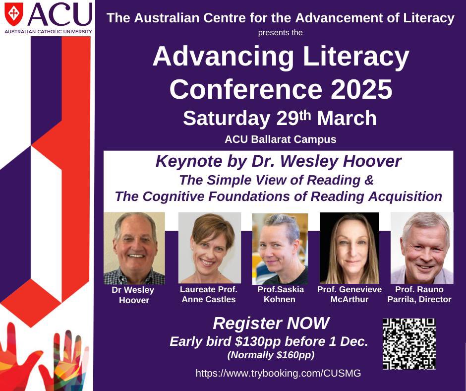 Australian Centre for the Advancement of Literacy (@adv_literacy) on Twitter photo 🧵1/3
For the 1st time in Australia, Dr. Wesley Hoover will present on the Simple View of Reading & the Cognitive Foundations of Reading Acquisition at ACU Ballarat w/researchers from our Centre. The <a href="/Adv_Literacy/">Australian Centre for the Advancement of Literacy</a> Conference will be held on Saturday, 29 March 2025 including… 🧵1/3
For the 1st time in Australia, Dr. Wesley Hoover will present on the Simple View of Reading & the Cognitive Foundations of Reading Acquisition at ACU Ballarat w/researchers from our Centre. The <a href="/Adv_Literacy/">Australian Centre for the Advancement of Literacy</a> Conference will be held on Saturday, 29 March 2025 including…