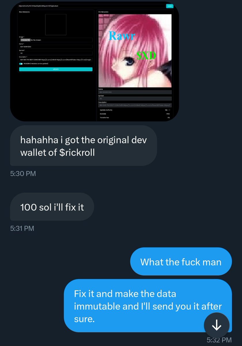 The__Solstice's tweet photo. Cunt ass dev held #RickRoll hostage. Got him to change the data & make it immutable so I sent him the 100 sol as agreed.
I'll keep fighting for what I believe in like @jpeggler did with $POPCAT
The #rickarmy is now safe to roam free and run it to billions from here. Godspeed. https://t.co/CE3sPzhiYL