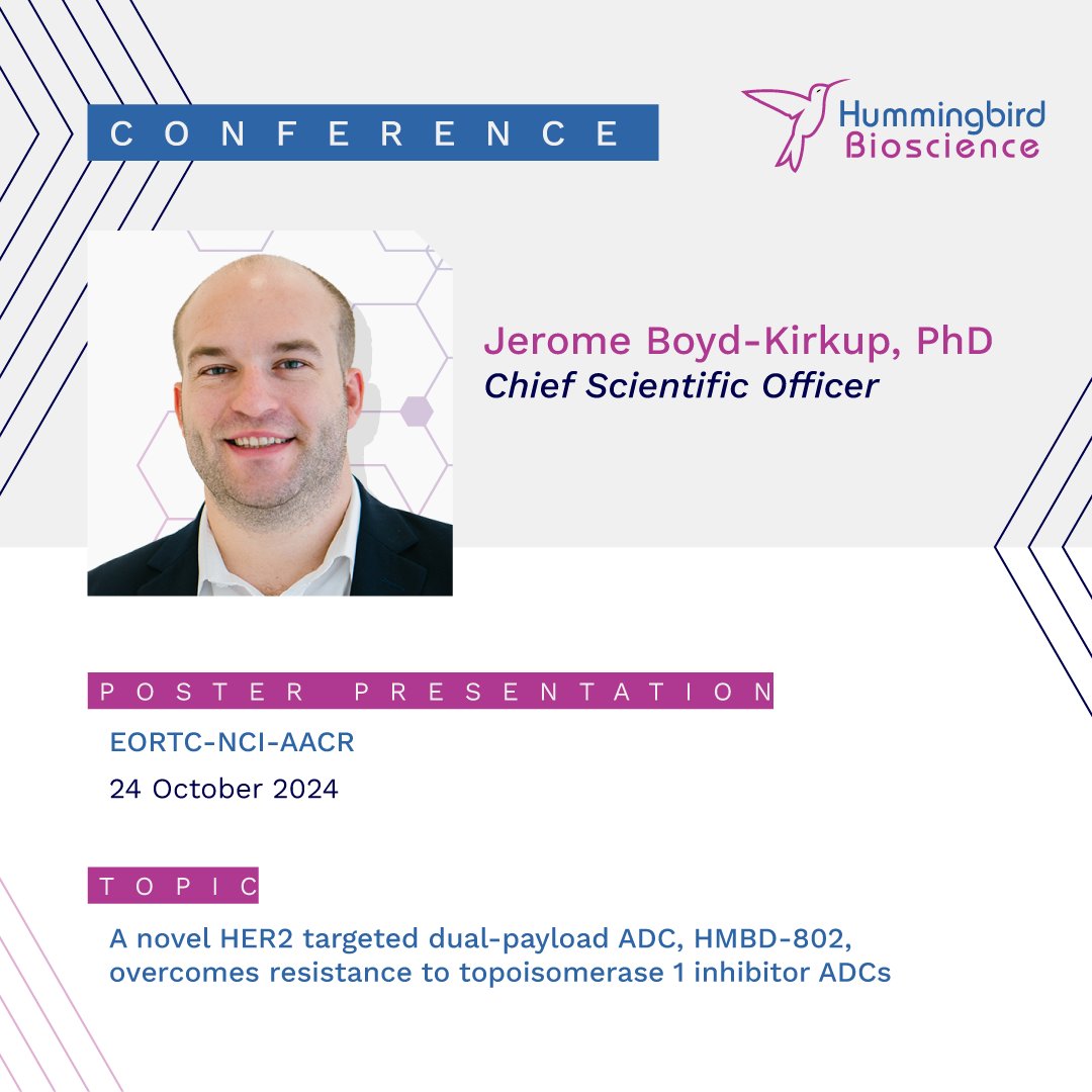 Press release: bit.ly/3NvYRP5

Hummingbird Bioscience will present a poster presentation on HMBD-802, a novel first-in-class dual-payload anti-HER2 antibody-drug conjugate, at the 36th EORTC-NCI-AACR symposium.

#antibodydrugconjugates