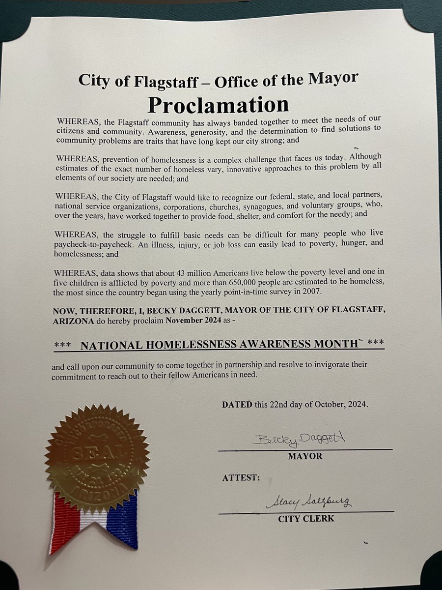 FlagShelterOrg's tweet photo. Today, Flagstaff Mayor Becky Daggett proclaimed November as National Homelessness Awareness Month. 

#FlagstaffCommunity #NationalHomelessnessAwarenessMonth #SolvingHomelessnessTogether #HousingFirst https://t.co/HNn9Zv7bPT