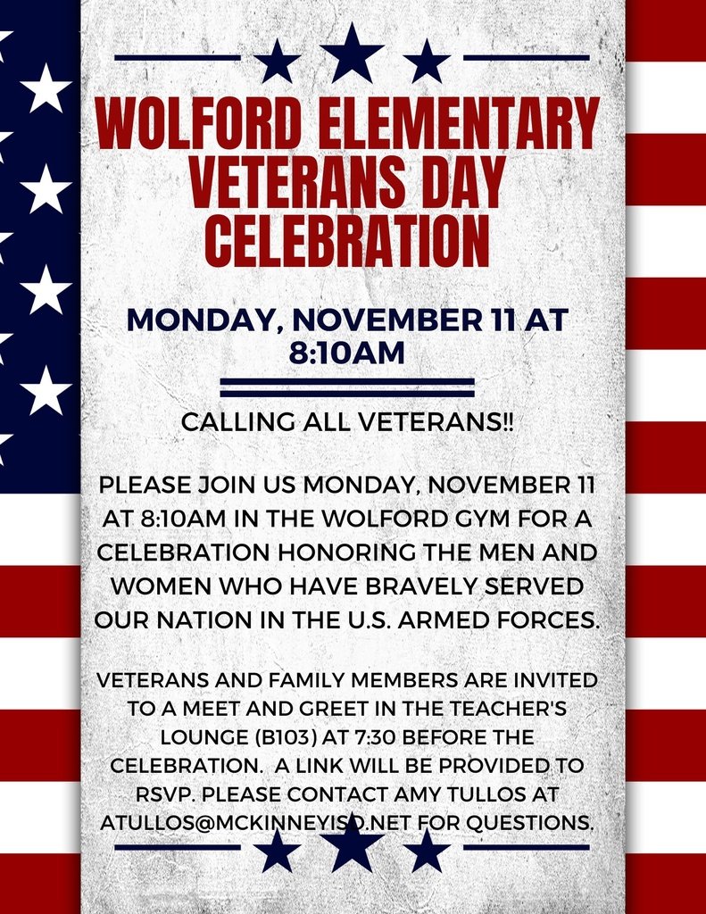 Please join us for our Wolford Elementary Veterans Day Celebration on November 11th. <a href="/wolfordcampus/">Wolford Elementary</a> #wolwol