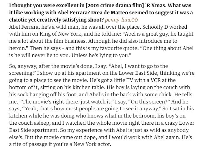 Ice-T dropped an extremely Abel Ferrara story in The Guardian a few days ago
