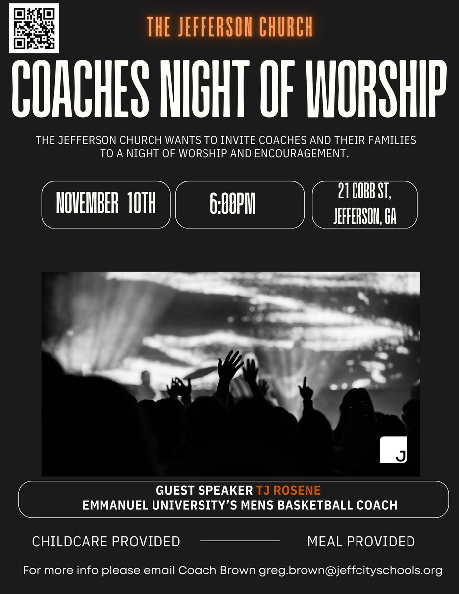 Gonna be a great night to press pause and reset. Look forward to spending time with some special coaches and leaders. Child care and meal provided. QR code to sign up. #LetsWorship