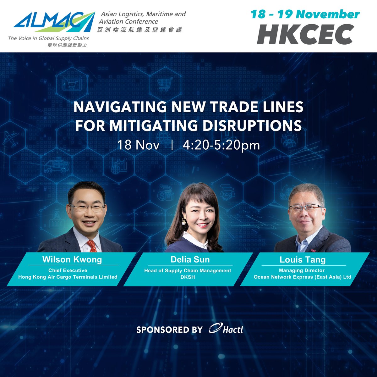 OceanNetworkExp's tweet photo. Louis Tang, Regional Head of East Asia will be on panel at the Asian Logistics, Maritime and Aviation Conference #ALMAC on Nov 18. He will discuss "Navigating New Trade Lines for Mitigating Disruptions" alongside other industry leaders.
More on ALMAC: https://t.co/al7LvAu13p https://t.co/fNa9HbgRLq