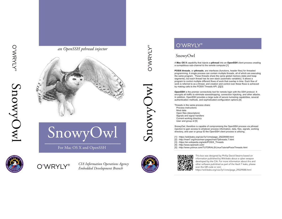pixelform's tweet image. Open Vault: Vault7

1. Archimedes - Box design for a CIA Cyber espionage tool.
2. Snowy Owl - Box design for a CIA Cyber espionage tool.

phillipstearns.com

#cyberweapons #softwareboxdesign #installationart #cyberwarfare #retail #phillipstearns