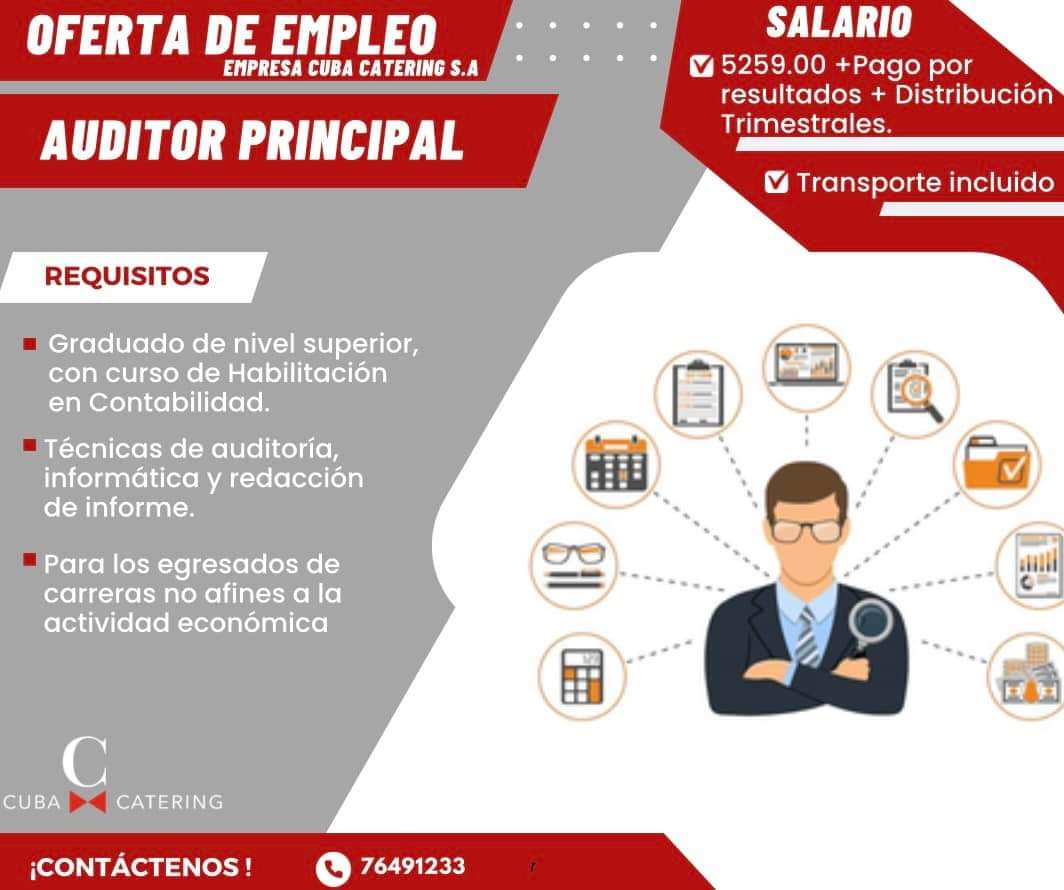✈️ ¿Te apasiona la auditoría interna? ¡Esta es tu oportunidad de contribuir al desarrollo de la aviación cubana! 

<a href="/CateringCuba/">Cuba Catering S.A.</a> busca un Auditor Principal para unirse a su equipo. 

Conoce más sobre la vacante ⬇️ y no dudes en aplicar.

 #AviaciónCubana✈️🇨🇺