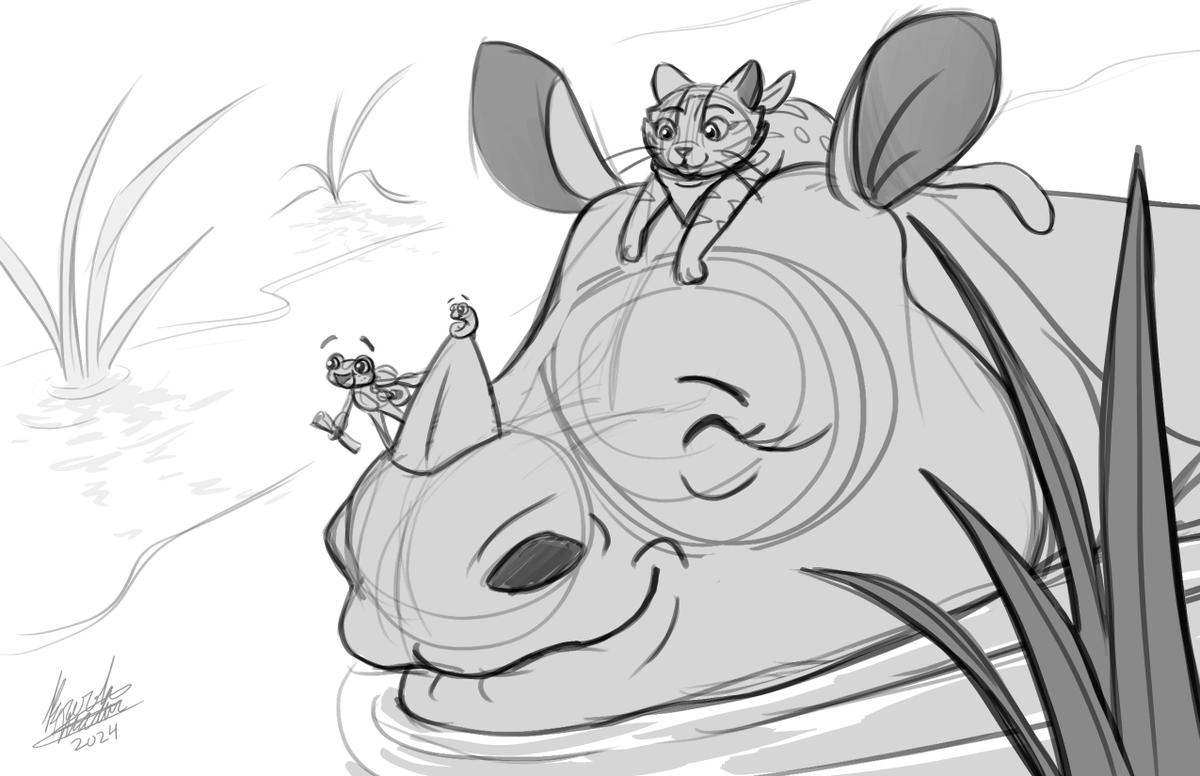 silverwaterbird's tweet photo. Inktober day 21, Rhinoceros. While the group was panicking in the scary forest not knowing where to go, they encounter a kind old javan rhino who was willing to give them a ride to a safer area. 
#inktober2024 #inktober #inktober2024rhinoceros #cat #frog #javanrhino #rhinoceros https://t.co/vgiswv3pDs