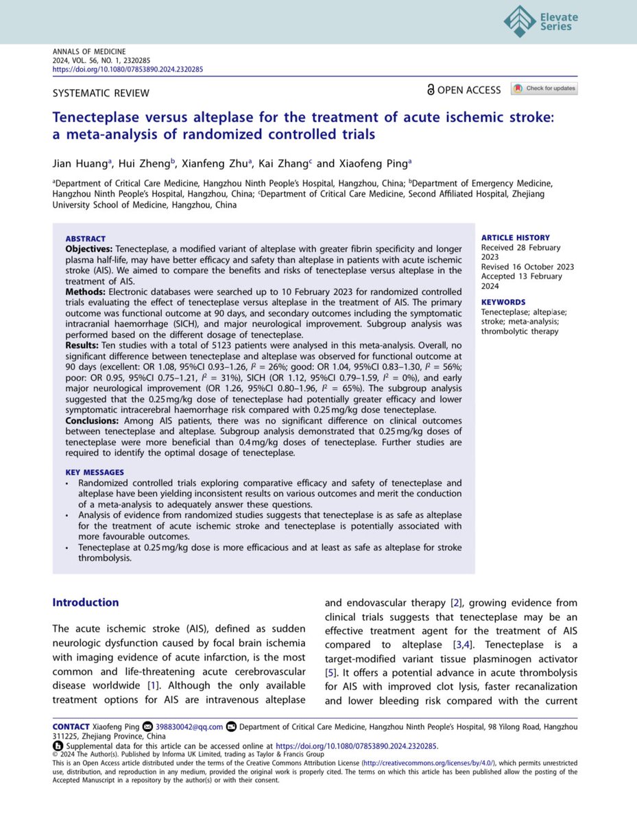 La tenecteplasa es igual de seguro que el alteplase para trombolisis del EVC isquémico. 

Revisión sistemática con meta-análisis 

🔗 tandfonline.com/doi/full/10.10…