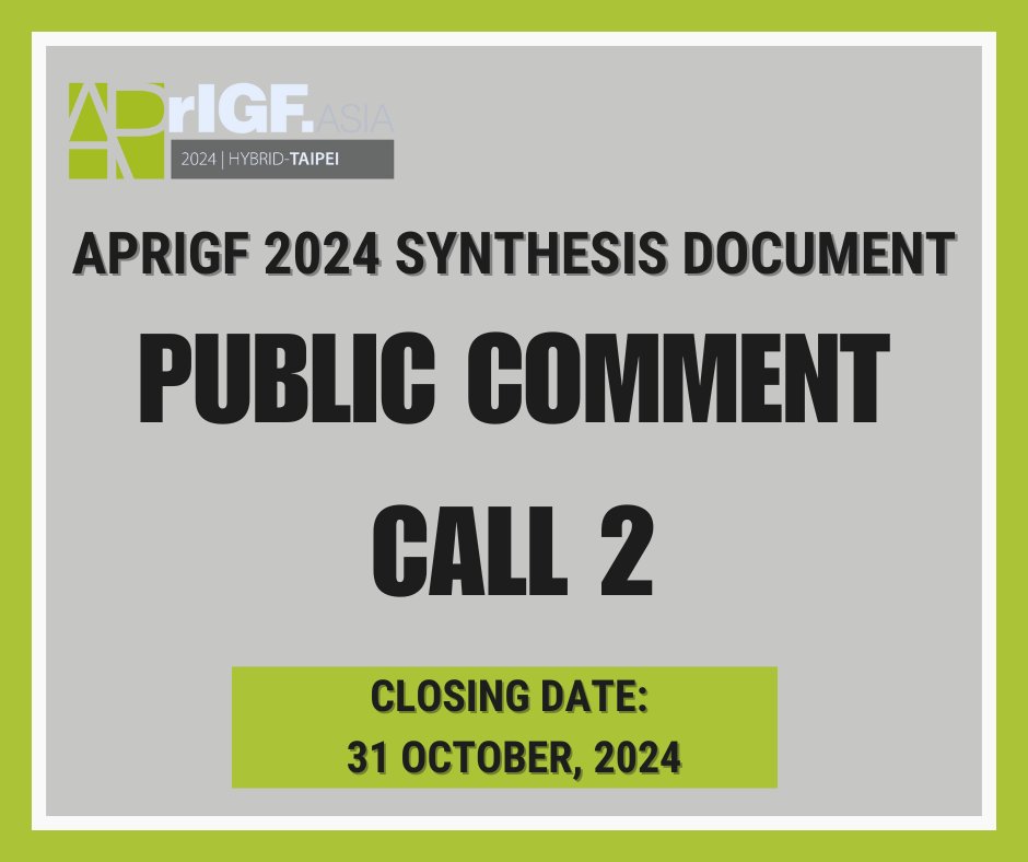 APrIGF 2024 Draft 1 is currently open for public input from now to 31 October 23:59 UTC. Please go to comment.aprigf.asia to contribute to the Synthesis Document. Make your voice heard! #aprigf2024 #synthesisdocument #InternetGovernance #apac