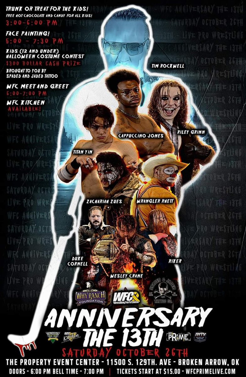 WFCPRIME's tweet photo. October 26th: Anniversary the 13th!

Trunk or Treat from 3-6pm

Face Painting from 4-7pm

$300 Costume Contest kids 12 and under

Meet and Greet with Wrestlers 6-7pm

VIP show 6:30-7pm

 Belltime for Anniversary event 7pm https://t.co/8LayCgOOhd