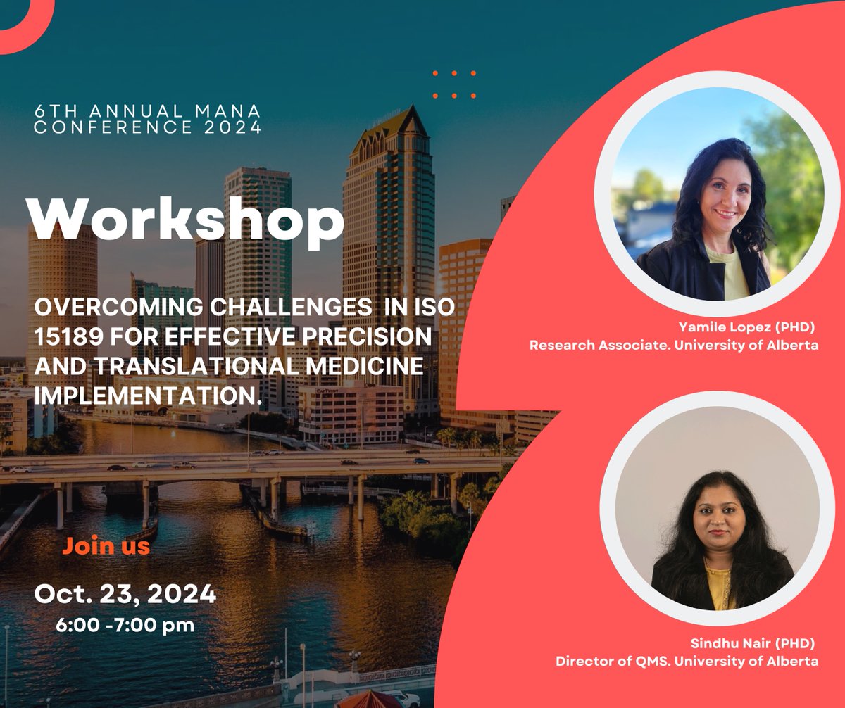 Wishart Node of The Metabolomics Innovation Centre (@wishartnode) on Twitter photo Join us at MANA Conference 2024 for a workshop by Dr. <a href="/Yami_Loher/">Yamile López</a> and Dr. Sindhu Nair from the Metabolomics Innovation Center!
Workshop: Overcoming Challenges in ISO 15189 for Precision Medicine. Join us at MANA Conference 2024 for a workshop by Dr. <a href="/Yami_Loher/">Yamile López</a> and Dr. Sindhu Nair from the Metabolomics Innovation Center!
Workshop: Overcoming Challenges in ISO 15189 for Precision Medicine.