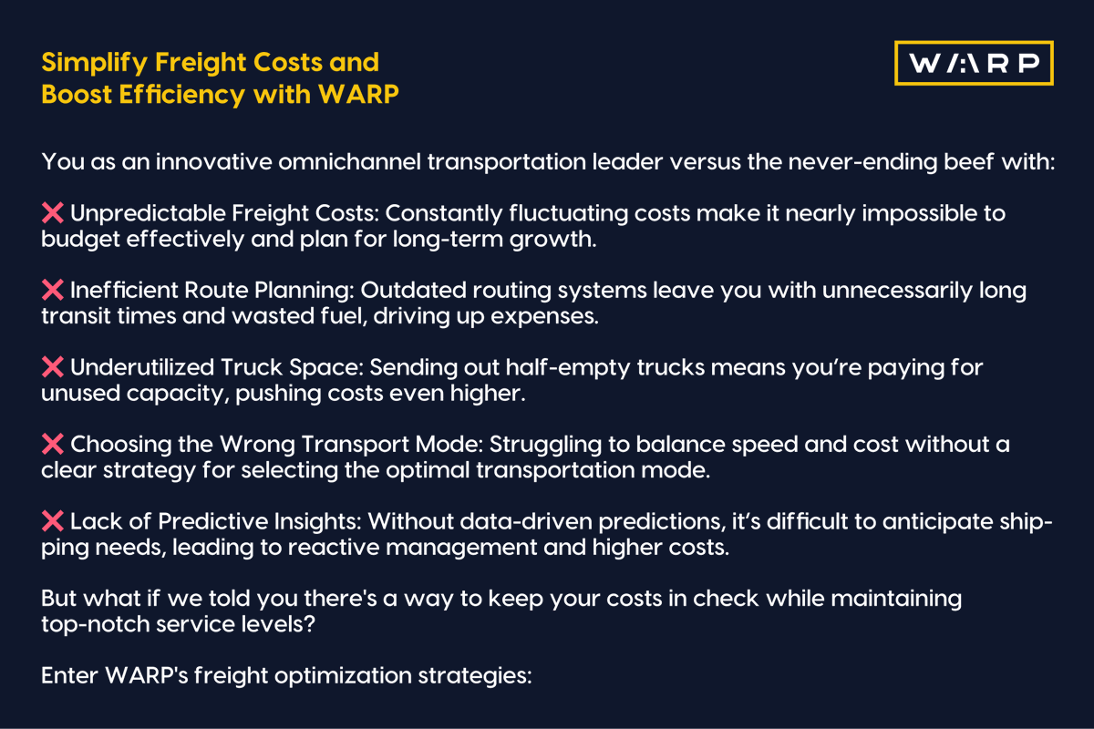 warptechco's tweet photo. Simplify Freight Costs and Boost Efficiency with WARP
Ready to optimize your freight and boost your bottom line?
Contact Us: https://t.co/v43qxmA1P7
#technology #middlemile #logistics #supplychain #crossdock #freighttech #storereplenishment #supplychaintech #logisticstech https://t.co/v4TJmU3Qs6
