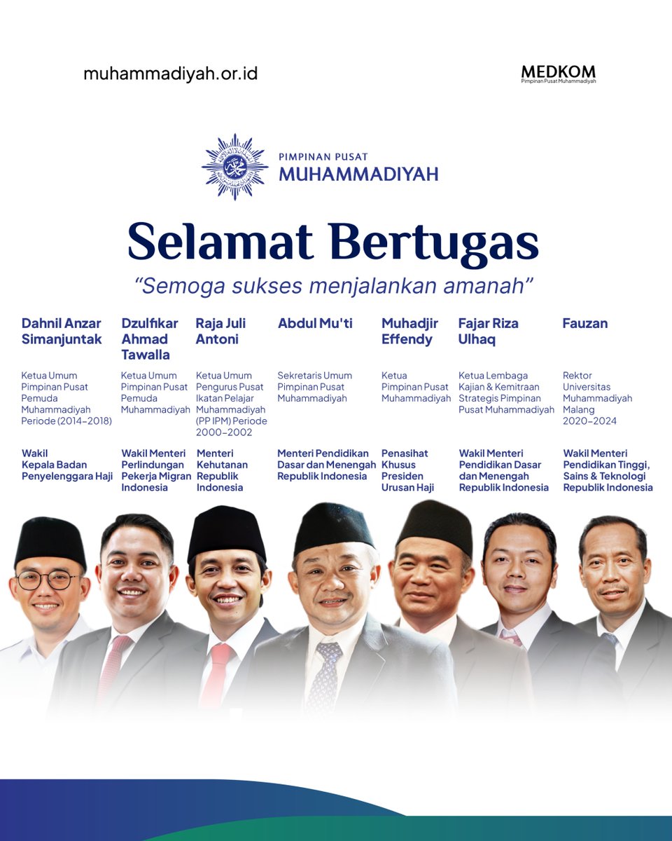 muhammadiyah's tweet photo. Selamat Bertugas! Semoga sukses menjalankan amanah.

© Media dan Komunikasi Pimpinan Pusat Muhammadiyah

#Muhammadiyah #KabinetMerahPutih https://t.co/OxiU5kldwx