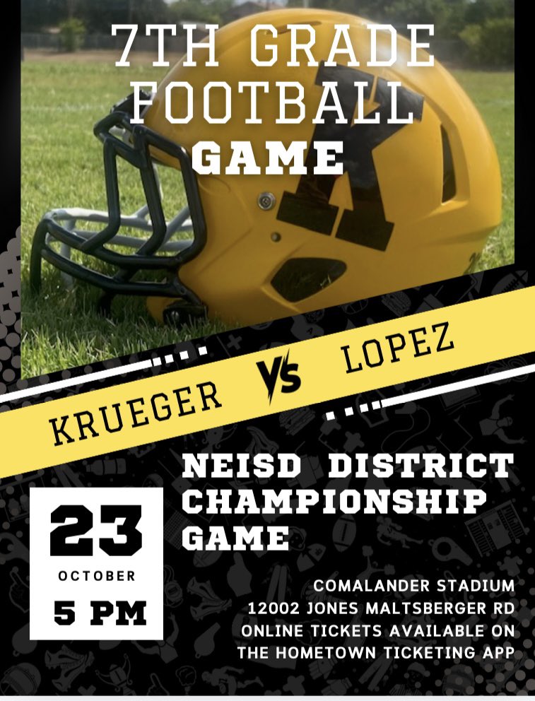 Krueger Boys Athletics (@boyskrueger) on Twitter photo Gonna be a great football game…Krueger vs Lopez for the 7th grade district championship!
<a href="/KMSAcademics/">Krueger Academics</a> <a href="/FalconPTA/">Krueger MS PTA</a> <a href="/TRRoughRiderFB/">Roosevelt Rough Riders</a> @TRsportsbooster <a href="/CoachBarnes91/">Darnell Barnes M.Ed</a> <a href="/NeisdAthletics/">NEISD ATHLETICS</a>
Go Falcons! Gonna be a great football game…Krueger vs Lopez for the 7th grade district championship!
<a href="/KMSAcademics/">Krueger Academics</a> <a href="/FalconPTA/">Krueger MS PTA</a> <a href="/TRRoughRiderFB/">Roosevelt Rough Riders</a> @TRsportsbooster <a href="/CoachBarnes91/">Darnell Barnes M.Ed</a> <a href="/NeisdAthletics/">NEISD ATHLETICS</a>
Go Falcons!