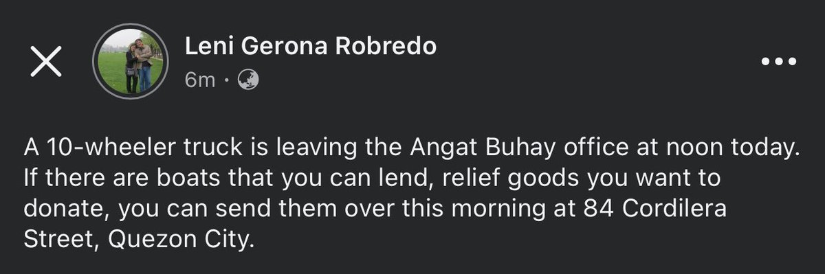 ‼️ Kung may makakapagpahiram po ng rescue boats at may relief items na gustong ipasabay, may aalis na truck mula Angat Buhay office papuntang Naga City mamayang 12:00NN. 

📍 Dropoff: AB office, 84 Cordillera St., QC 

#KristinePH #BangonNaga