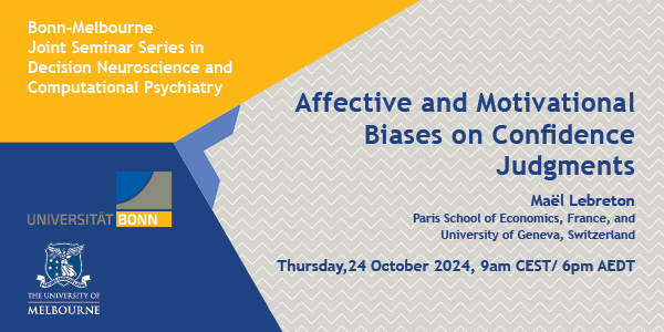 Centre for Brain, Mind and Markets (@unimelb_cbmm) on Twitter photo A reminder to join us at 9am CEST/6pm AEDT Thursday 24 October for the next in the Bonn-Melbourne Seminar Series in Decision Neuroscience and Computational Psychiatry with <a href="/mael_lebreton/">Mael Lebreton</a>!
<a href="/BusEcoNews/">Business & Economics UniMelb</a> <a href="/UniBonn/">Rheinische Friedrich-Wilhelms-Universität Bonn</a> <a href="/PSEinfo/">Paris School of Economics</a> <a href="/UNIGEnews/">Université de Genève</a>
go.unimelb.edu.au/g3g8 A reminder to join us at 9am CEST/6pm AEDT Thursday 24 October for the next in the Bonn-Melbourne Seminar Series in Decision Neuroscience and Computational Psychiatry with <a href="/mael_lebreton/">Mael Lebreton</a>!
<a href="/BusEcoNews/">Business & Economics UniMelb</a> <a href="/UniBonn/">Rheinische Friedrich-Wilhelms-Universität Bonn</a> <a href="/PSEinfo/">Paris School of Economics</a> <a href="/UNIGEnews/">Université de Genève</a>
go.unimelb.edu.au/g3g8