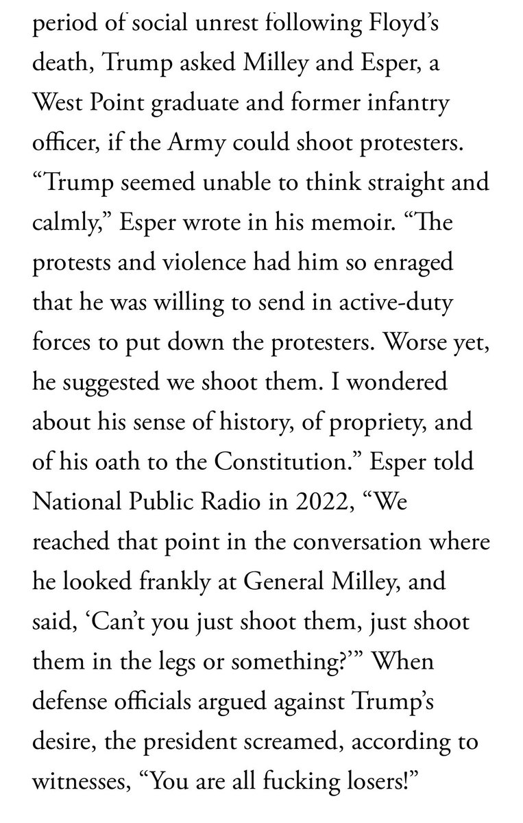 AmyMcGrathKY's tweet photo. Trump wanted to use the military to shoot BLM protesters. He was stopped by his SecDef.

Make no mistake, in a second Trump presidency, he will not surround himself with a Kelly, a Mattis, Esper or Milley again. The guardrails will be gone. https://t.co/UeZmSekMEF
