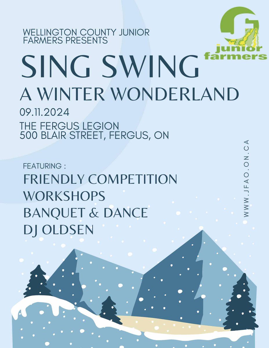 Tickets for the Sing Swing banquet are now available until October 30th!!
Everyone is welcome! Purchase your tickets 
$55 for the meals 🍽 and $15 for the dance 💃🕺
here: forms.gle/QHELdh5zEMFUBe…

#wellingtoncounty #juniorfarmers #jf #proudjfer #singswing