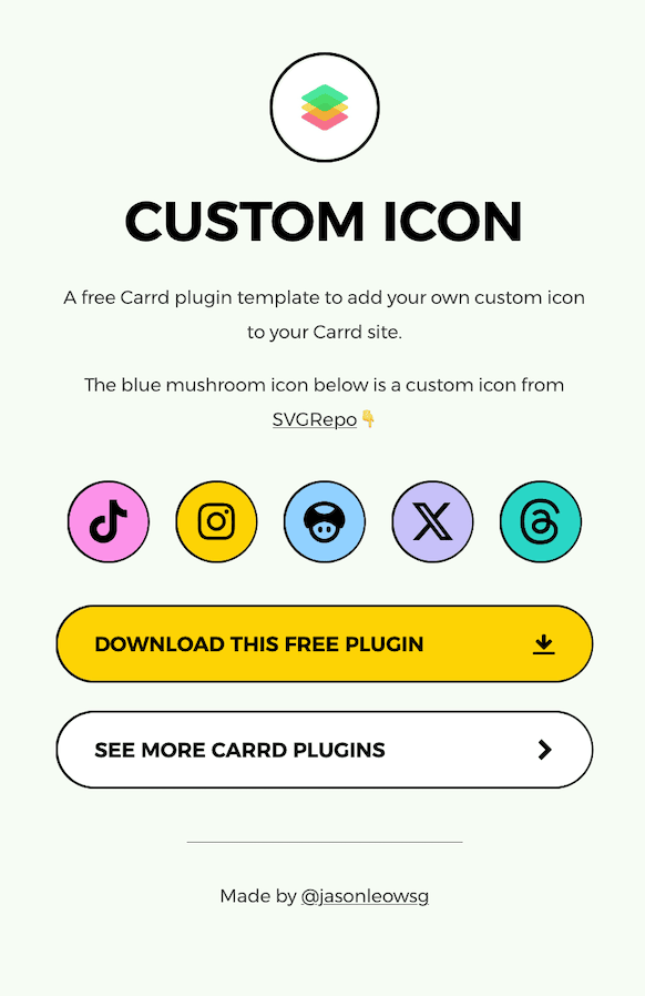 Made another Carrd plugin today! It lets you add your own custom icons to your Carrd site.

Just needs to paste the direct image link of any svg or png file and it’s good to go!

🦄 customicon.carrd.co

What do you think? Useful?