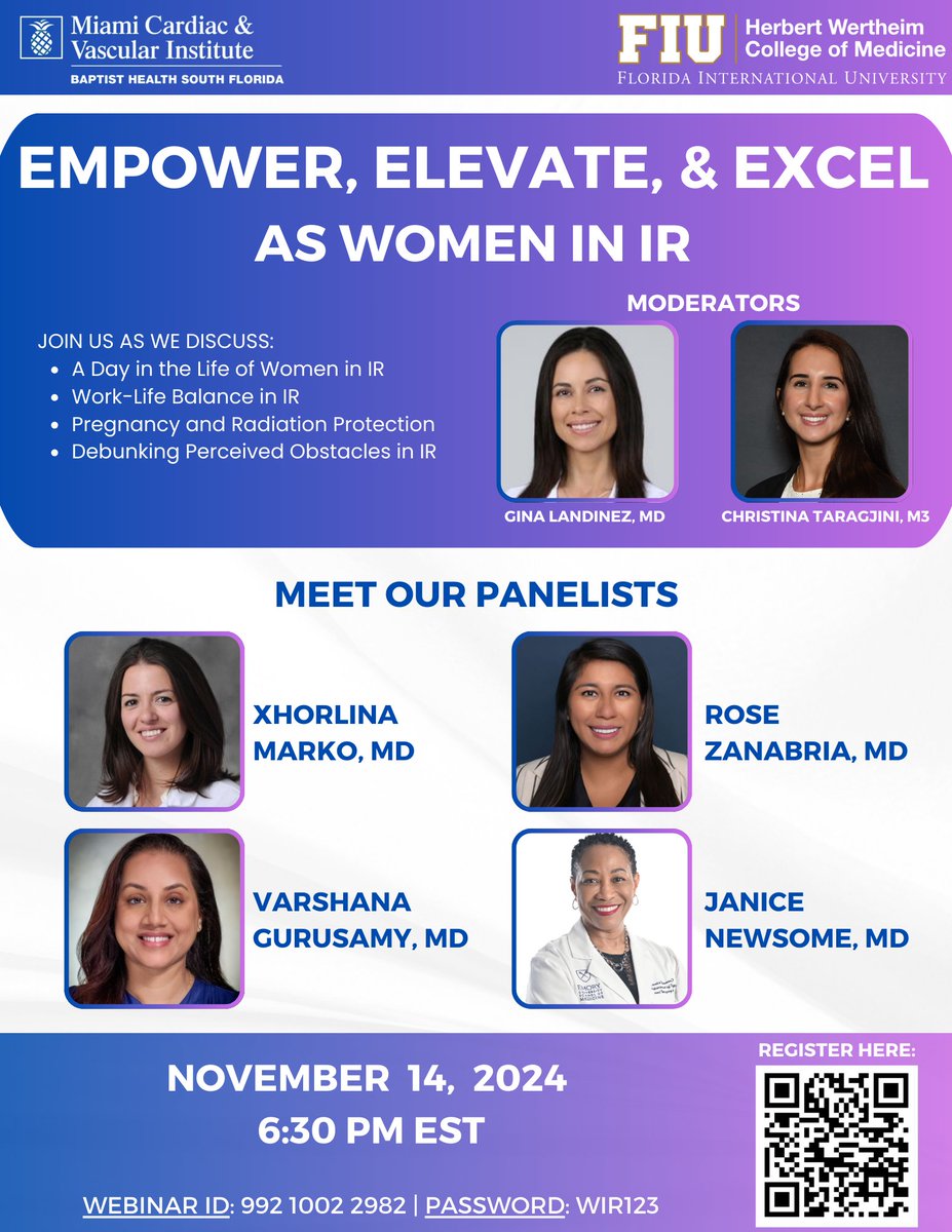 Christina Taragjini (@chtaragjini) on Twitter photo Grateful to the Department of Interventional Radiology at <a href="/FIUMedicine/">FIU Medicine</a>, <a href="/MiamiVasc/">Miami Vascular</a>, and our star panelists for helping put together our first-ever "Empower, Elevate, & Excel as Women in IR" webinar!
Register here: shorturl.at/B5kRE
#WomeninIR #WIR #IR #interventionalrad Grateful to the Department of Interventional Radiology at <a href="/FIUMedicine/">FIU Medicine</a>, <a href="/MiamiVasc/">Miami Vascular</a>, and our star panelists for helping put together our first-ever "Empower, Elevate, & Excel as Women in IR" webinar!
Register here: shorturl.at/B5kRE
#WomeninIR #WIR #IR #interventionalrad