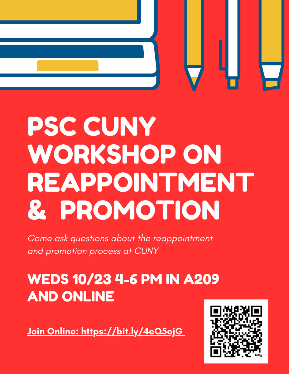 CityTechPSC's tweet photo. #Reappointment &amp;  #Promotion #Workshop at #CityTech Weds 10/23 4-6 pm In-Person and #Virtual Come learn about the process at #CUNY https://t.co/0nxJGXjhGV https://t.co/gofPSXOWHV