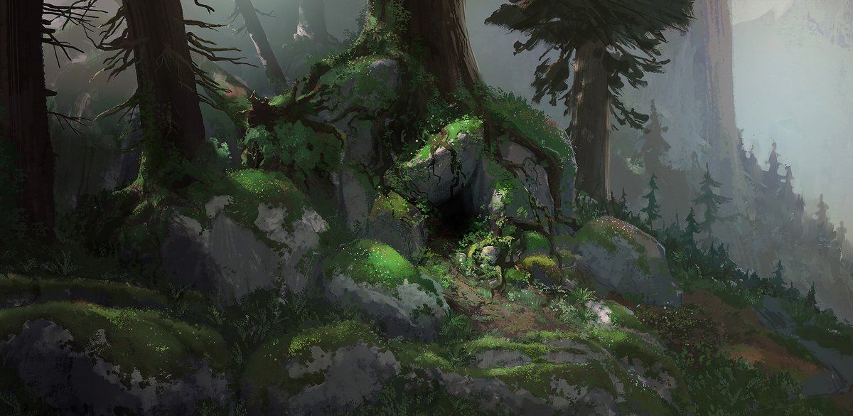 JoeFeinsilver's tweet image. Trees, rocks and a cave. Visual development painting for #wildrobot