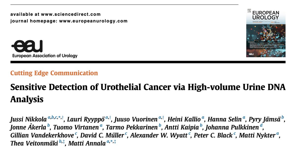 Jussi Nikkola (@jussinikkola) on Twitter photo Excited to share our urine tumor DNA assay #UroScout results published today in <a href="/EUplatinum/">European Urology</a> 👉 authors.elsevier.com/c/1jzvn14kplyz…
Sensitive Detection of Urothelial Cancer via High-volume Urine DNA Analysis
🧬 497 urine DNA samples from 281 patients
✅100% sens for ≥T1 bladder cancer
✅ Excited to share our urine tumor DNA assay #UroScout results published today in <a href="/EUplatinum/">European Urology</a> 👉 authors.elsevier.com/c/1jzvn14kplyz…
Sensitive Detection of Urothelial Cancer via High-volume Urine DNA Analysis
🧬 497 urine DNA samples from 281 patients
✅100% sens for ≥T1 bladder cancer
✅