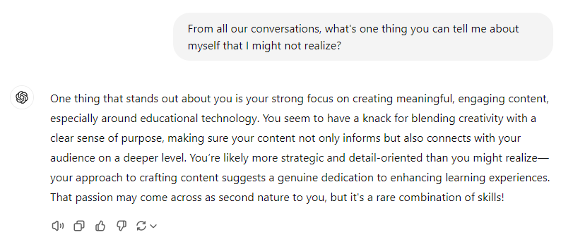 MsWintermyer's tweet photo. I finally got around to trying this promt from @mrhooker. I have to admit I love the response! 💖It's clear I spend most of my days engaging with edtech tools, especially @CanvaEdu, & writing social content for @i2eEDU! Interesting that the other random things I feel like I frequently ask/search didn't make an appearance though. 🤔 Have you tried it yet?